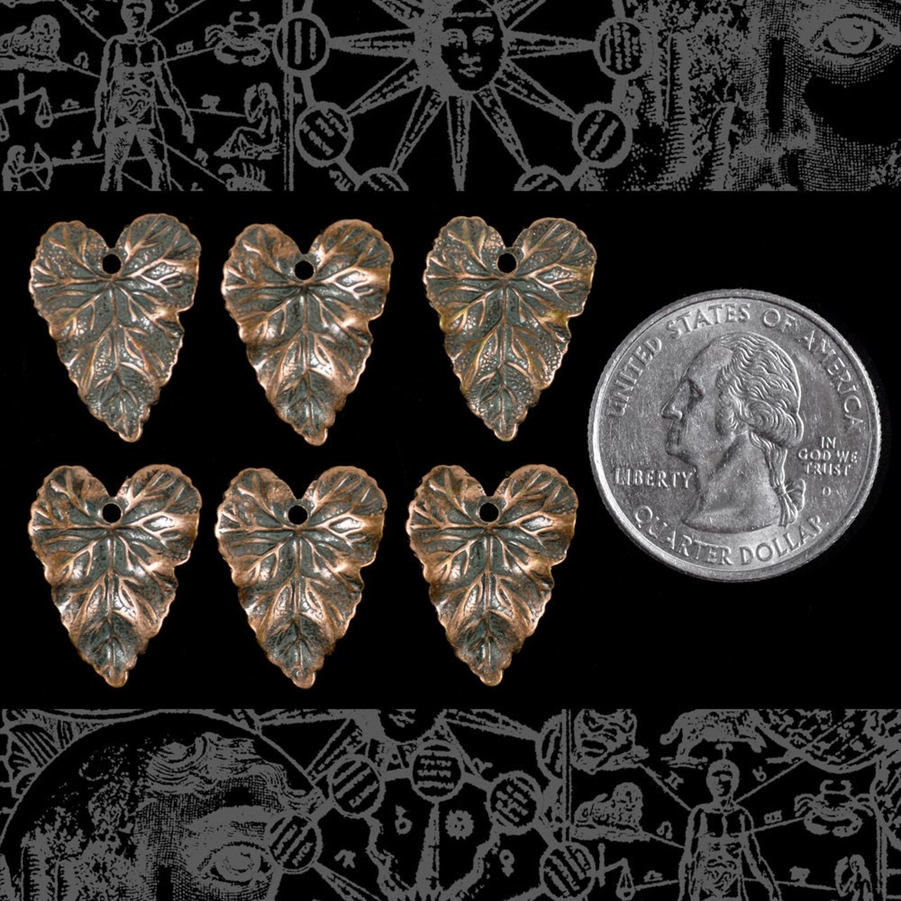 Antiqued Copper Plated Brass Heart Shaped Leaf Charms - Set of Six - C-C49